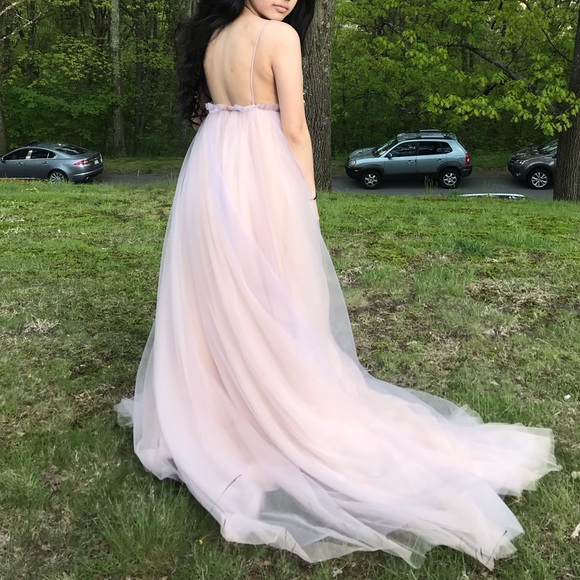 Light pink/lavender v neck floral prom with train